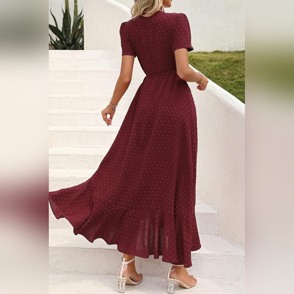 Swiss Dot Burgundy Wrap Dress - Picture 3 of 11